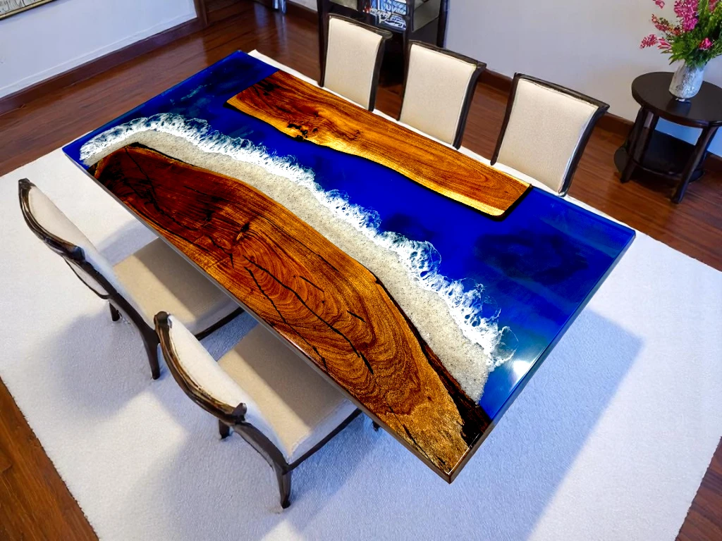 Rectangle Epoxy Resin Table Ocean Waves Design